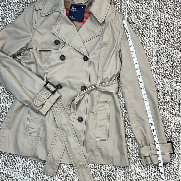 AMERICAN EAGLE OUTFITTERS TRENCH COAT TAN WITH STRIPES 100% Cotton Size Medium - Picture 16 of 16